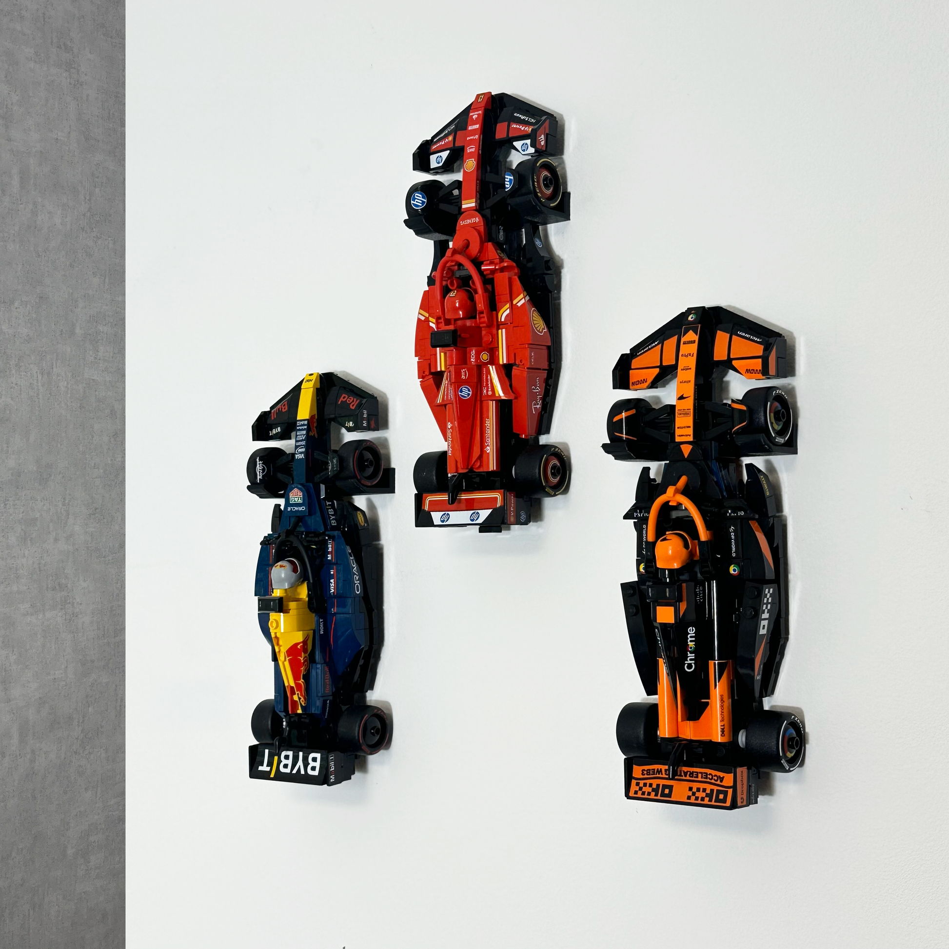 Wall Mounted LEGO Speed Champions F1 cars on sleek wall display