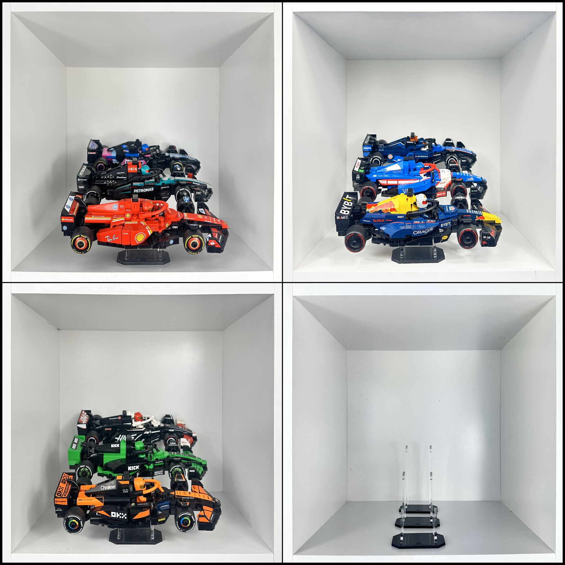 LEGO Formula One Speed Champions cars arranged on three-piece acrylic riser set