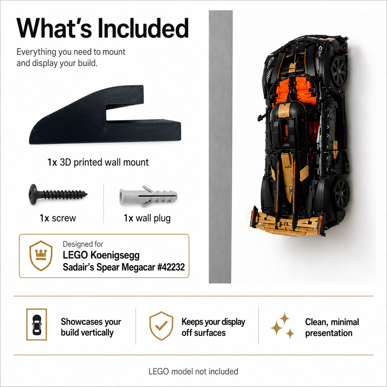 UK-made 3D-printed wall mount for LEGO Koenigsegg set 42232
LEGO Koenigsegg wall-display mount with included screw and wall plug