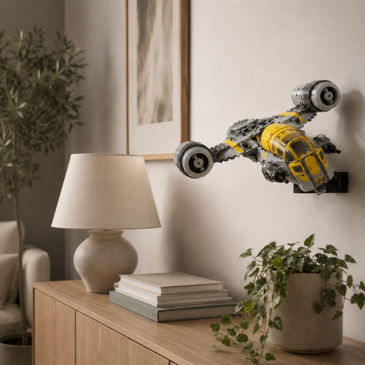 LEGO Star Wars The Razor Crest 75447 shown on a BrickNest wall display mount, creating a clean space-saving starship display for LEGO collectors and Mandalorian fans. The mount presents the model in a wall-mounted flying position, making it ideal for bedrooms, offices, gaming rooms, Star Wars themed rooms, LEGO display walls and collector setups. Compatible display accessory only, LEGO model not included.