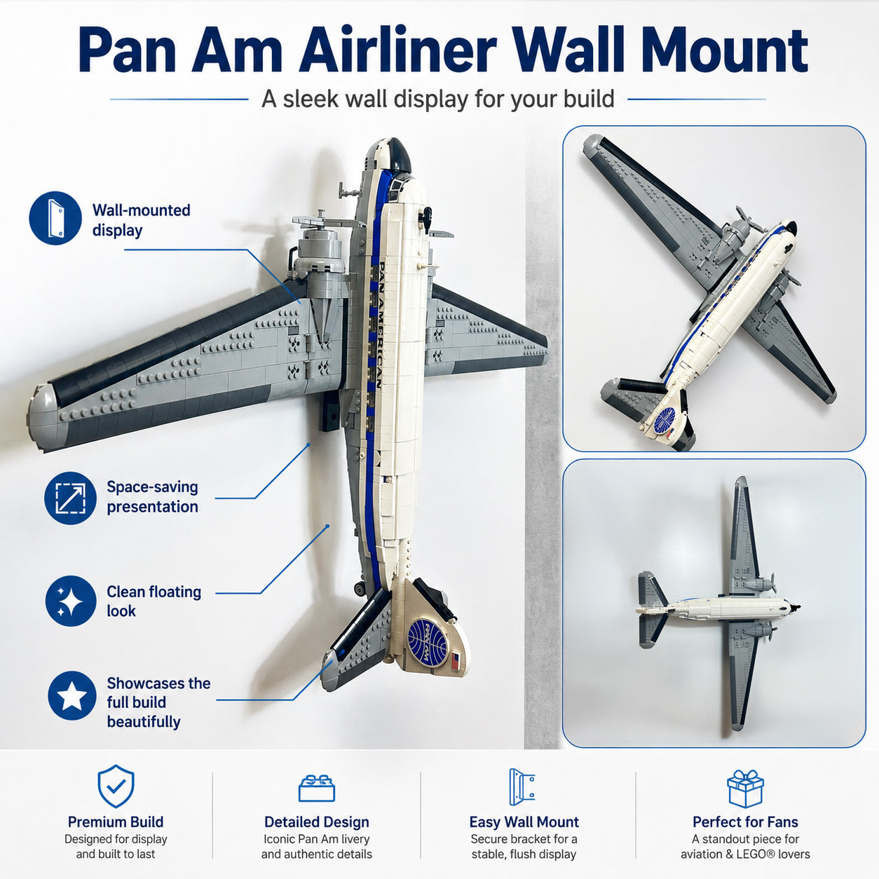 LEGO PAN AM Airliner displayed vertically on wall mount
