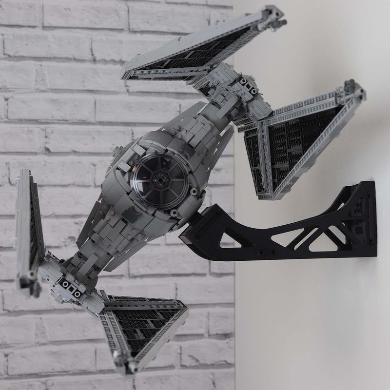 Wall mount display stand for lego Tie interceptor Star Wars angled off wall home storage