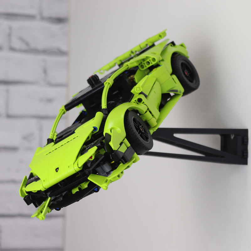 Wall mount display stand holding LEGO® Lamborghini Huracán models 42161 and 42196, presenting the cars at an angled position on the wall for a striking display.