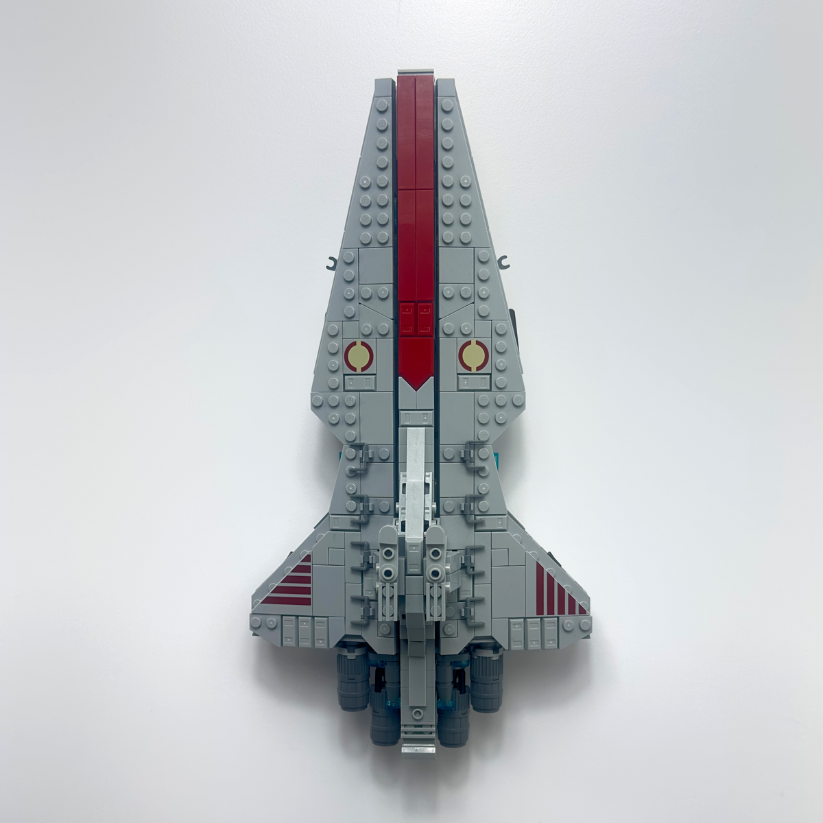 Front view of a LEGO Venator-Class Attack Cruiser displayed vertically on a BrickNest LEGO wall mount