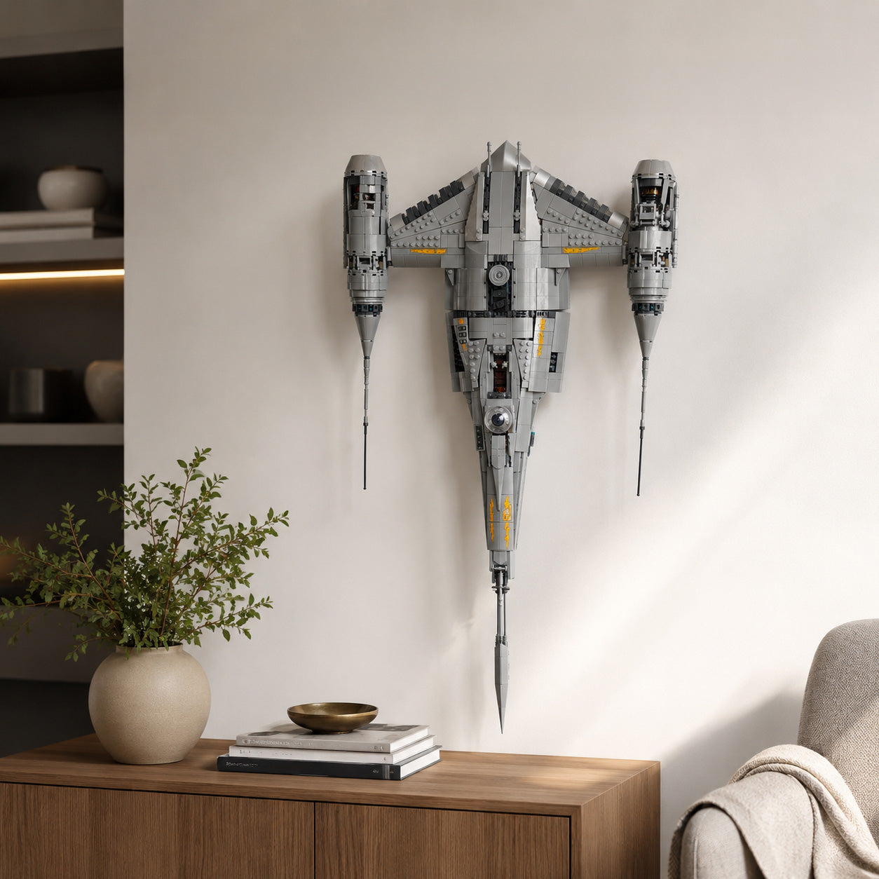 Floating wall display mount for LEGO UCS Star Wars ship
LEGO N-1 Starfighter wall mount compatible with UCS Mandalorian set