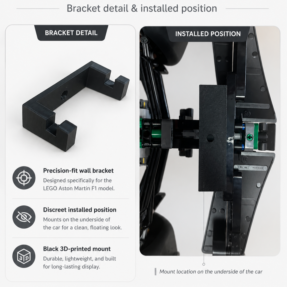 Black 3D-printed wall bracket and mounting position beneath LEGO Technic Aston Martin AMR25 42240
