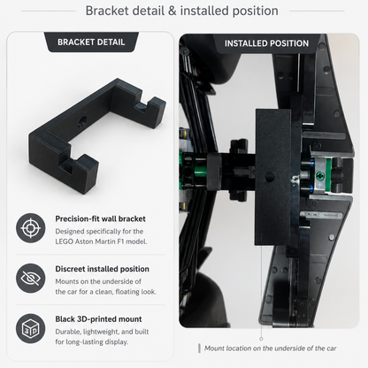 Black 3D-printed wall bracket and mounting position beneath LEGO Technic Aston Martin AMR25 42240