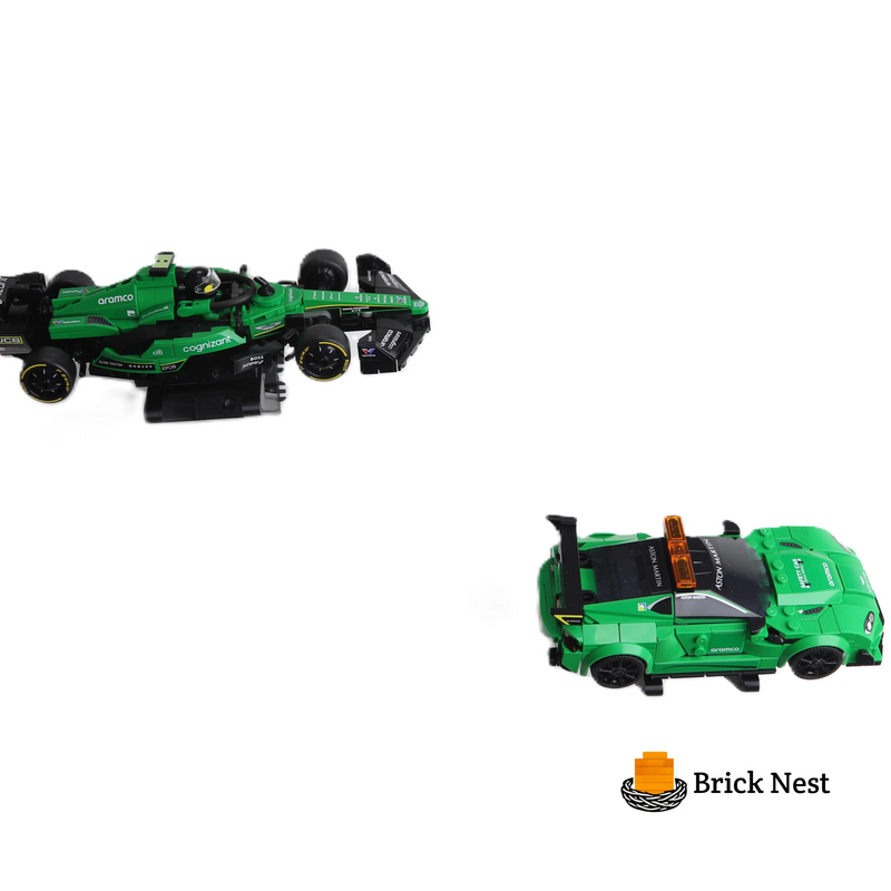 Wall mount display stand holding LEGO® Aston Martin Safety Car & AMR23 (76925) models, showcasing the cars at an angled position on the wall for an eye-catching display.
