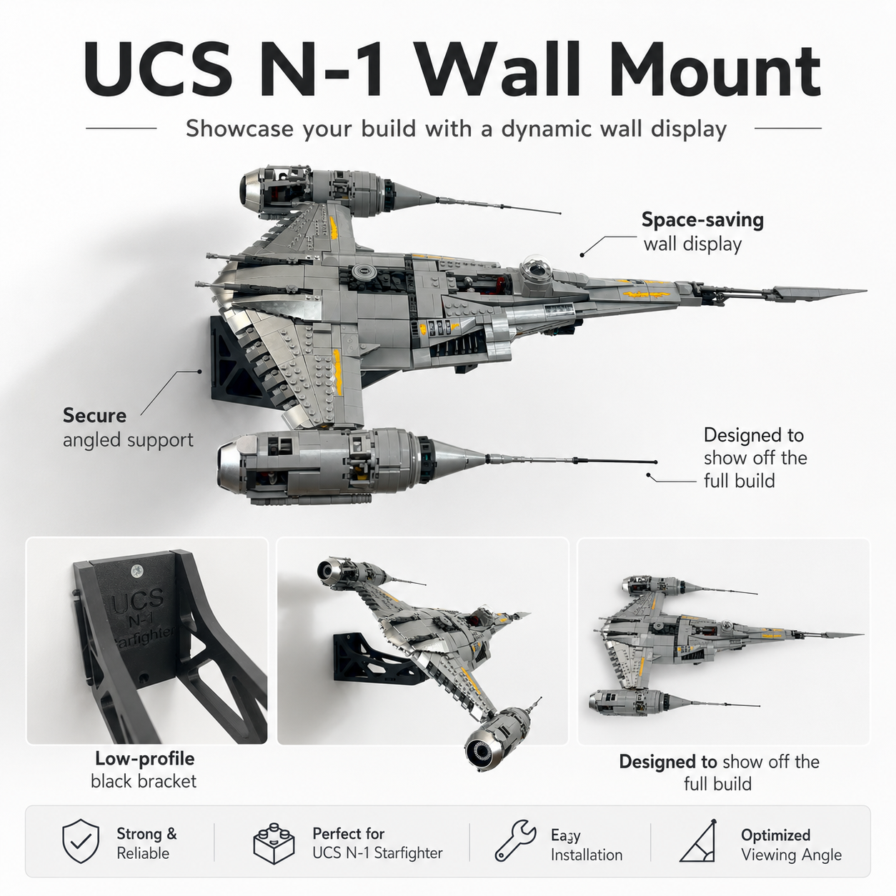 Space saving wall mount for LEGO UCS Mandalorian N-1 Starfighter 75442