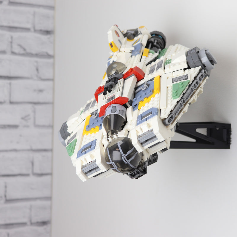 Wall mount display stand holding LEGO® Ghost & Phantom II (75357) models, showcasing the ships at an angled position on the wall for an impressive visual presentation.
