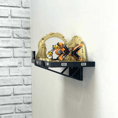 Wall mount display stand holding LEGO® Podrace Diorama (75380), showcasing the intricate scene at an angled position on the wall for an eye-catching display.
