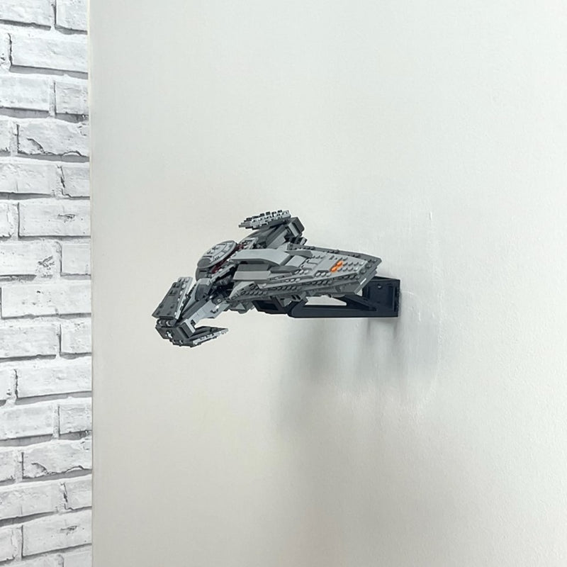 Wall mount display stand holding LEGO® Sith Infiltrator (75383) model, showcasing the starship at an angled position on the wall for an impressive display.
