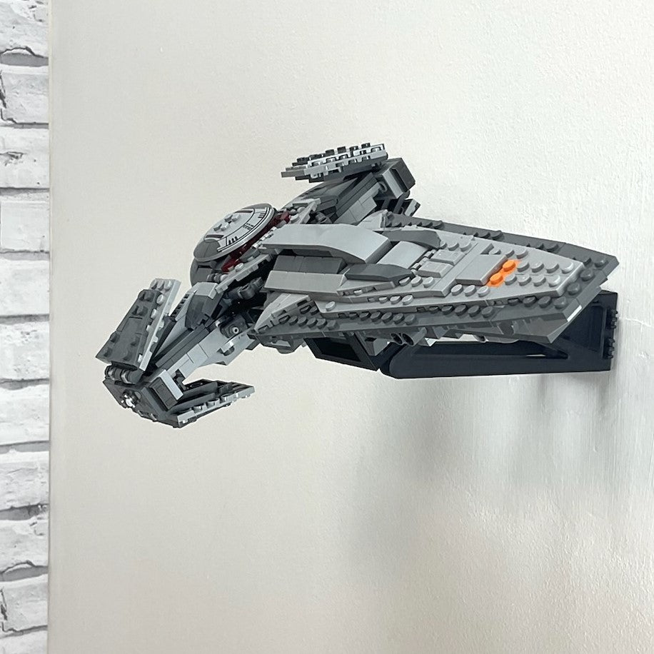 Wall mount display stand holding LEGO® Sith Infiltrator (75383) model, showcasing the starship at an angled position on the wall for an impressive display.
