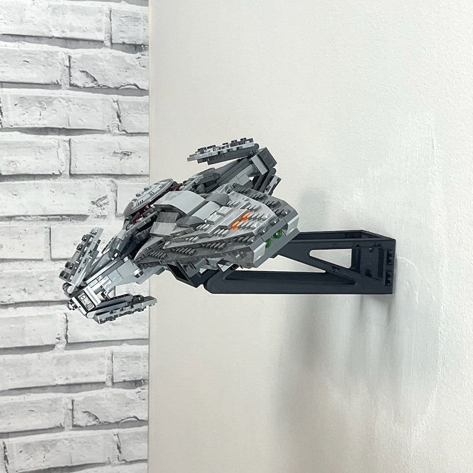 Wall mount display stand holding LEGO® Sith Infiltrator (75383) model, showcasing the starship at an angled position on the wall for an impressive display.
