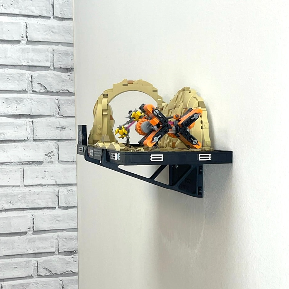 Wall mount display stand holding LEGO® Podrace Diorama (75380), showcasing the intricate scene at an angled position on the wall for an eye-catching display.
