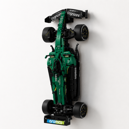 Angled view of the BrickNest vertical wall mount display for LEGO Aston Martin AMR25 42240