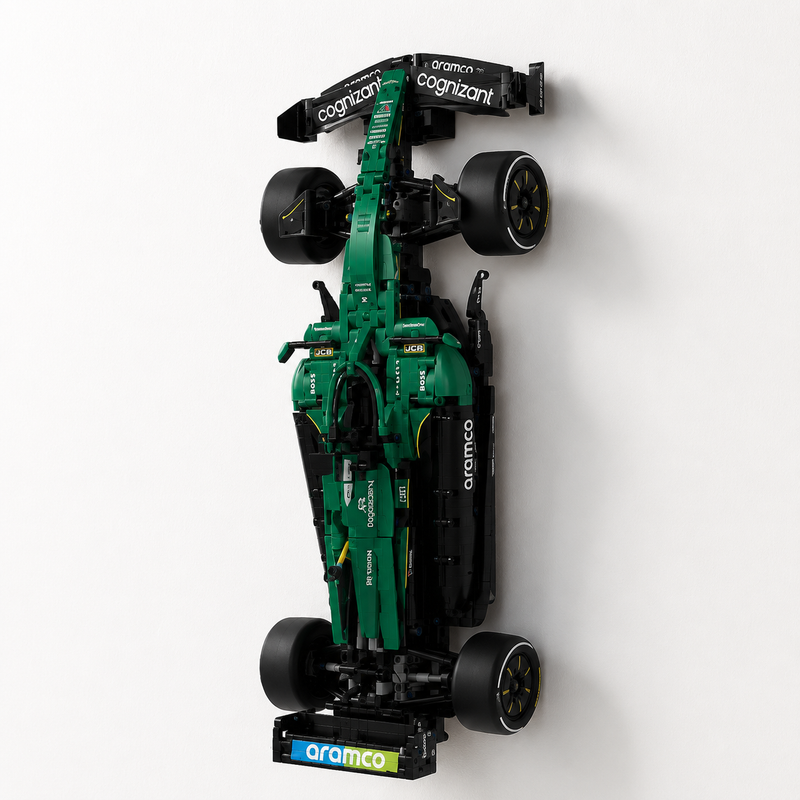 Angled view of the BrickNest vertical wall mount display for LEGO Aston Martin AMR25 42240