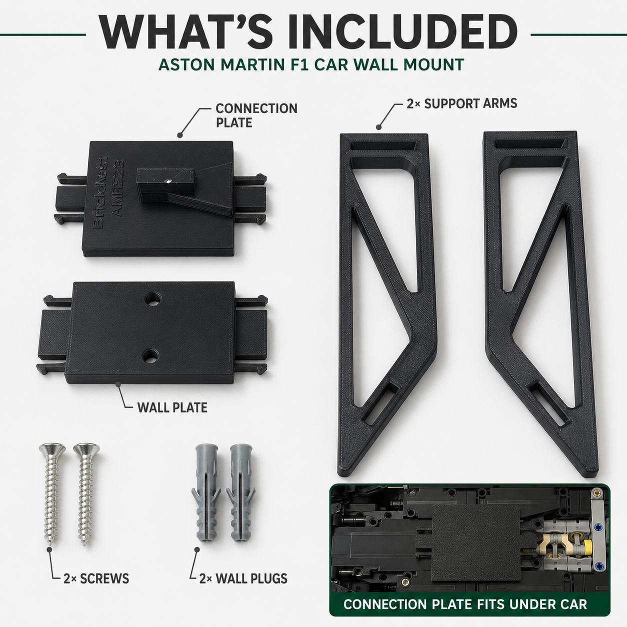 Aston Martin F1 wall mount kit contents on a light gray background, including two black support arms, a black connection plate, two wall plates, two screws, and two wall plugs. Text labels identify each included part, with a small inset showing the connection plate fitted under a car.
BrickNest Aston Martin AMR25 angled wall mount package containing the wall plate, model connection plate, screw and wall plug