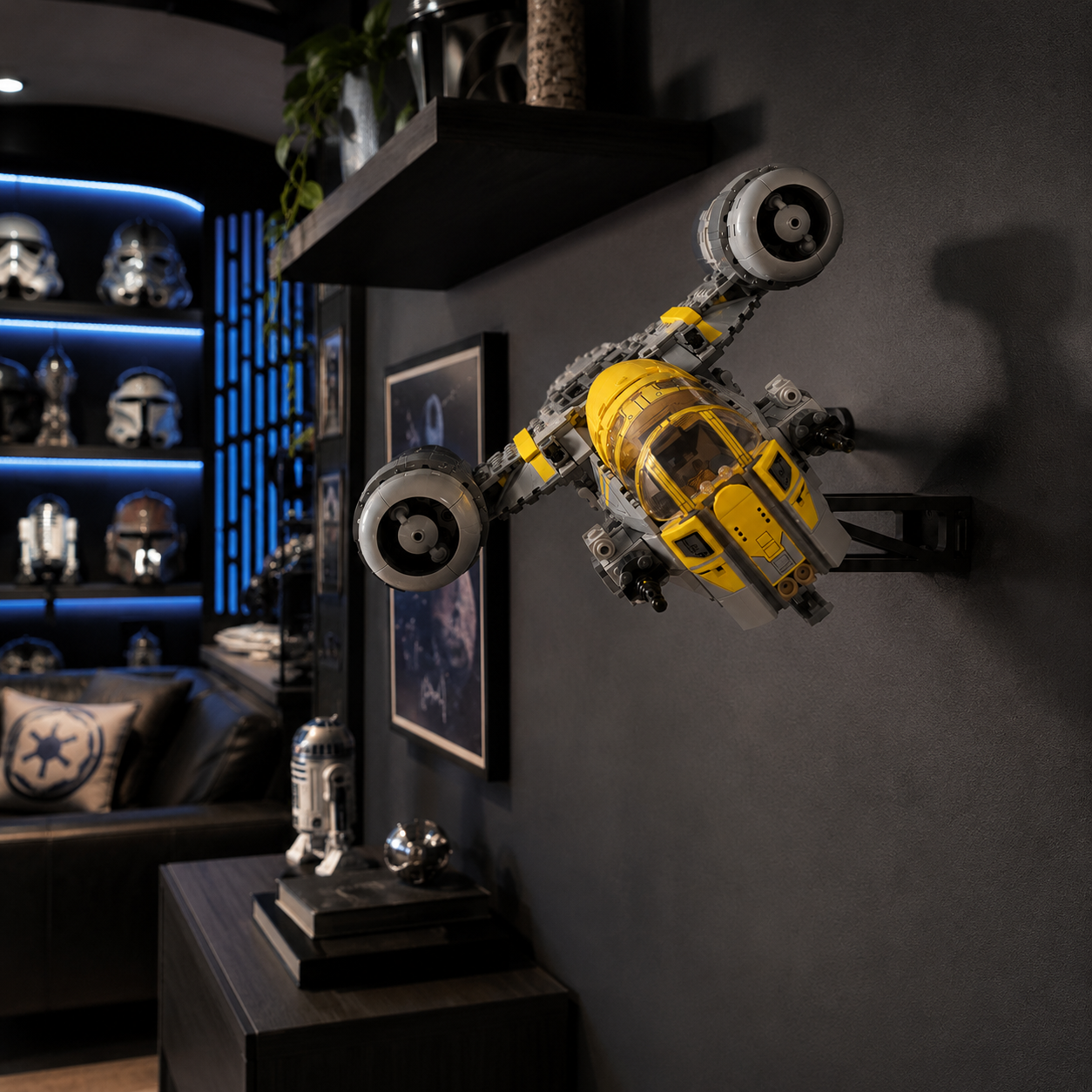 Wall display mount compatible with LEGO Star Wars The Razor Crest 75447, designed by BrickNest to display the Mandalorian starship model neatly on the wall while saving shelf, desk and cabinet space. A clean black 3D printed display accessory for LEGO Star Wars collectors, Razor Crest fans, Mandalorian themed rooms, bedrooms, offices, gaming rooms and collector display walls. Wall mount only, LEGO set not included.
