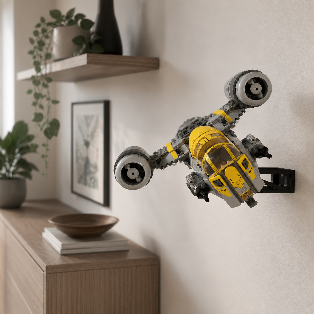 LEGO Star Wars The Razor Crest 75447 shown on a BrickNest wall display mount, creating a clean space-saving starship display for LEGO collectors and Mandalorian fans. The mount presents the model in a wall-mounted flying position, making it ideal for bedrooms, offices, gaming rooms, Star Wars themed rooms, LEGO display walls and collector setups. Compatible display accessory only, LEGO model not included.