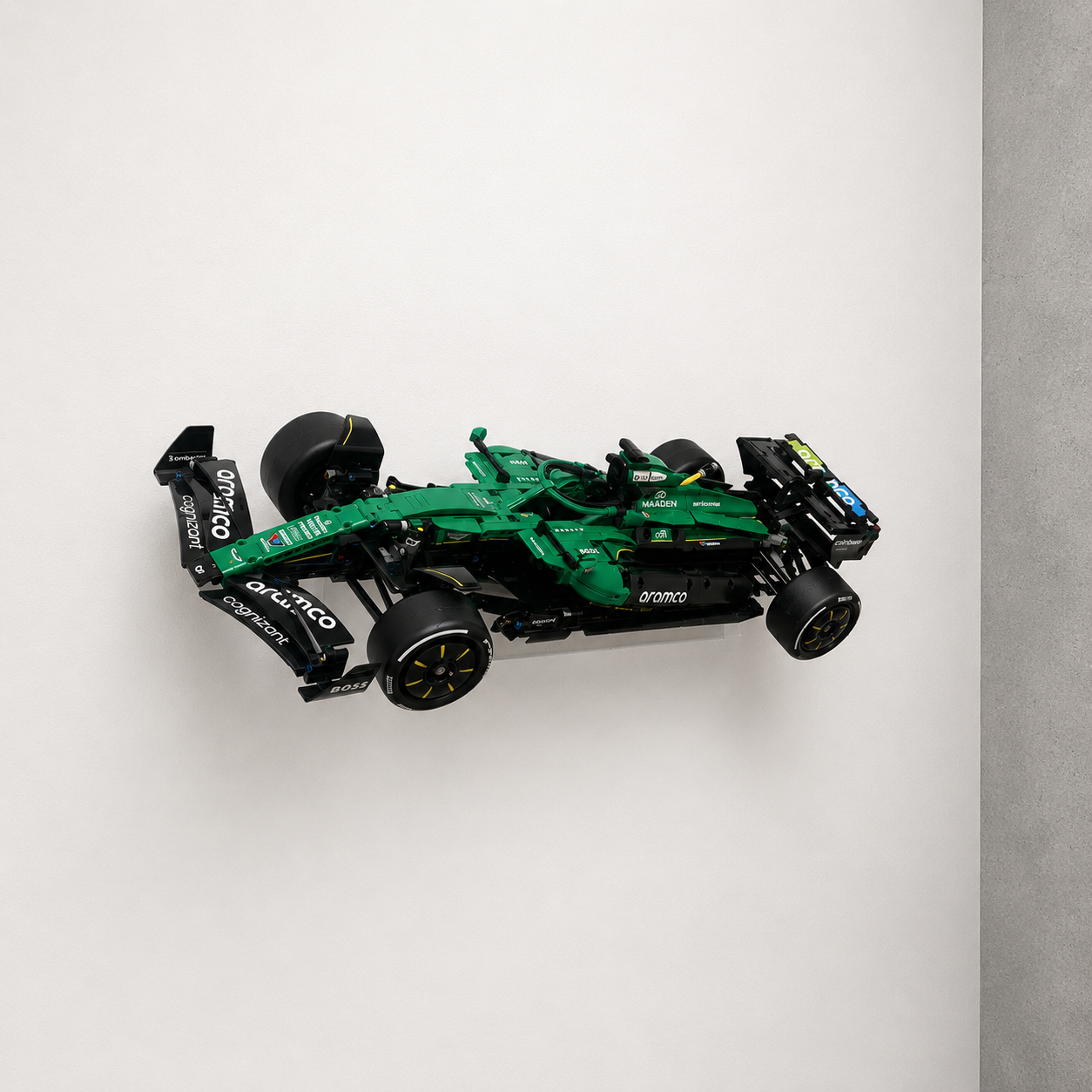 Space-saving BrickNest wall display for the large 1:8-scale LEGO Technic Aston Martin Aramco AMR25 F1 Car