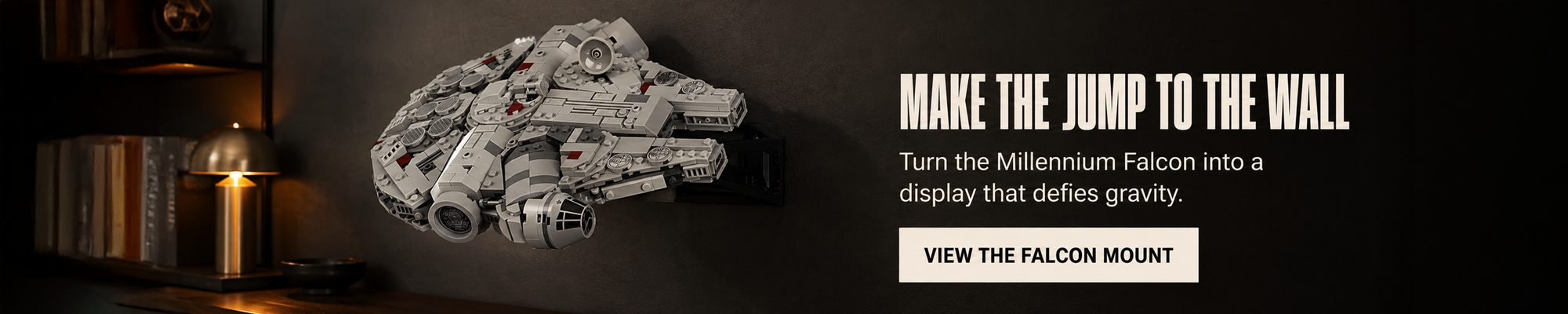 LEGO Star Wars Millennium Falcon displayed securely on a BrickNest wall mount in a modern sci-fi themed room