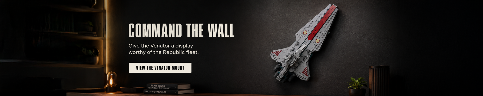 LEGO Star Wars Venator-Class Republic Attack Cruiser displayed on a BrickNest wall mount in a modern collector's room