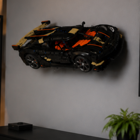 Space-saving LEGO car wall mount for Koenigsegg set 42232
Close-up of the mount supporting LEGO Koenigsegg away from the wall