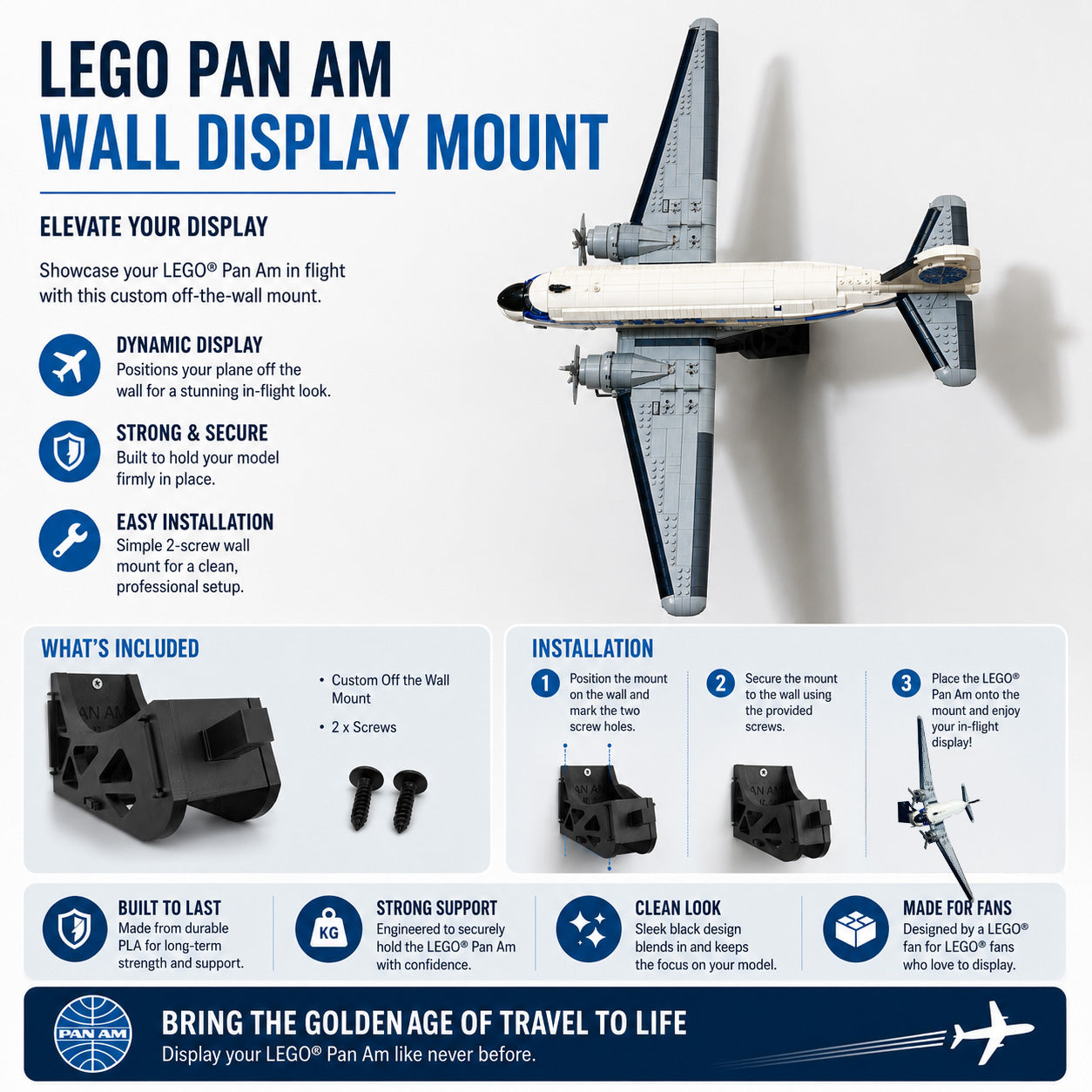 LEGO airplane wall mount compatible with PAN AM Airliner 11378