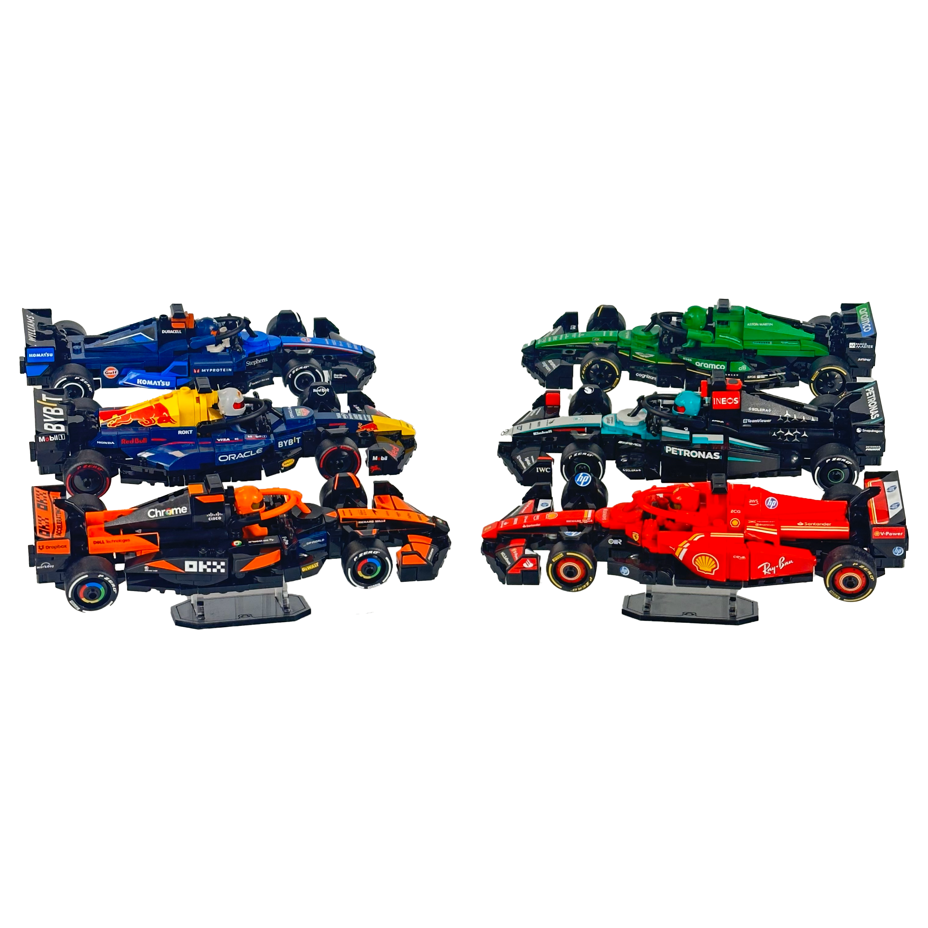 Clear acrylic risers elevating LEGO Formula One Speed Champions models