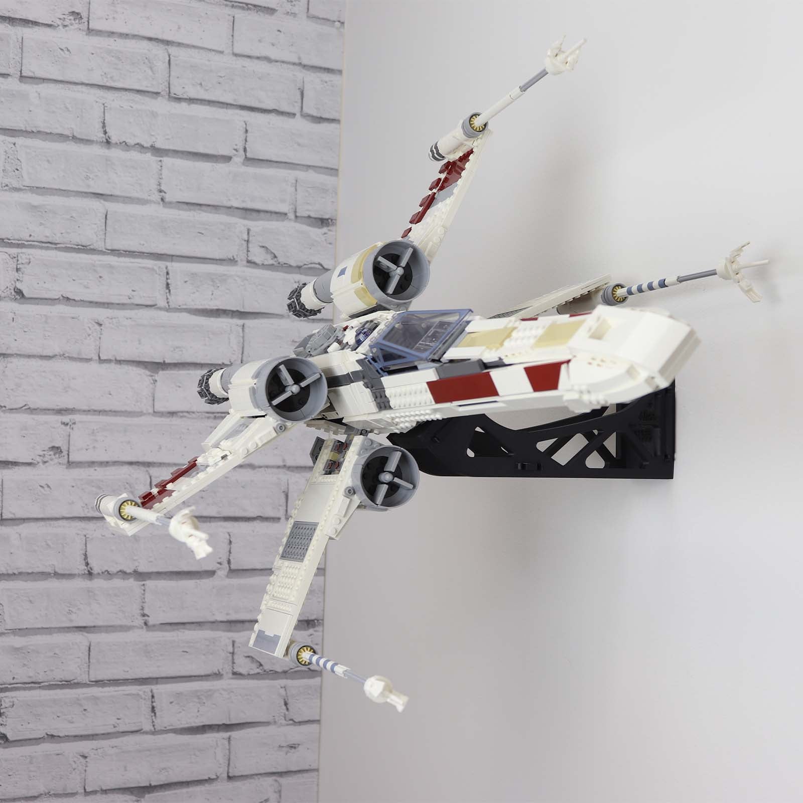 Wall mount display stand for lego UCS x-wing x wing Star Wars angled off wall home storage