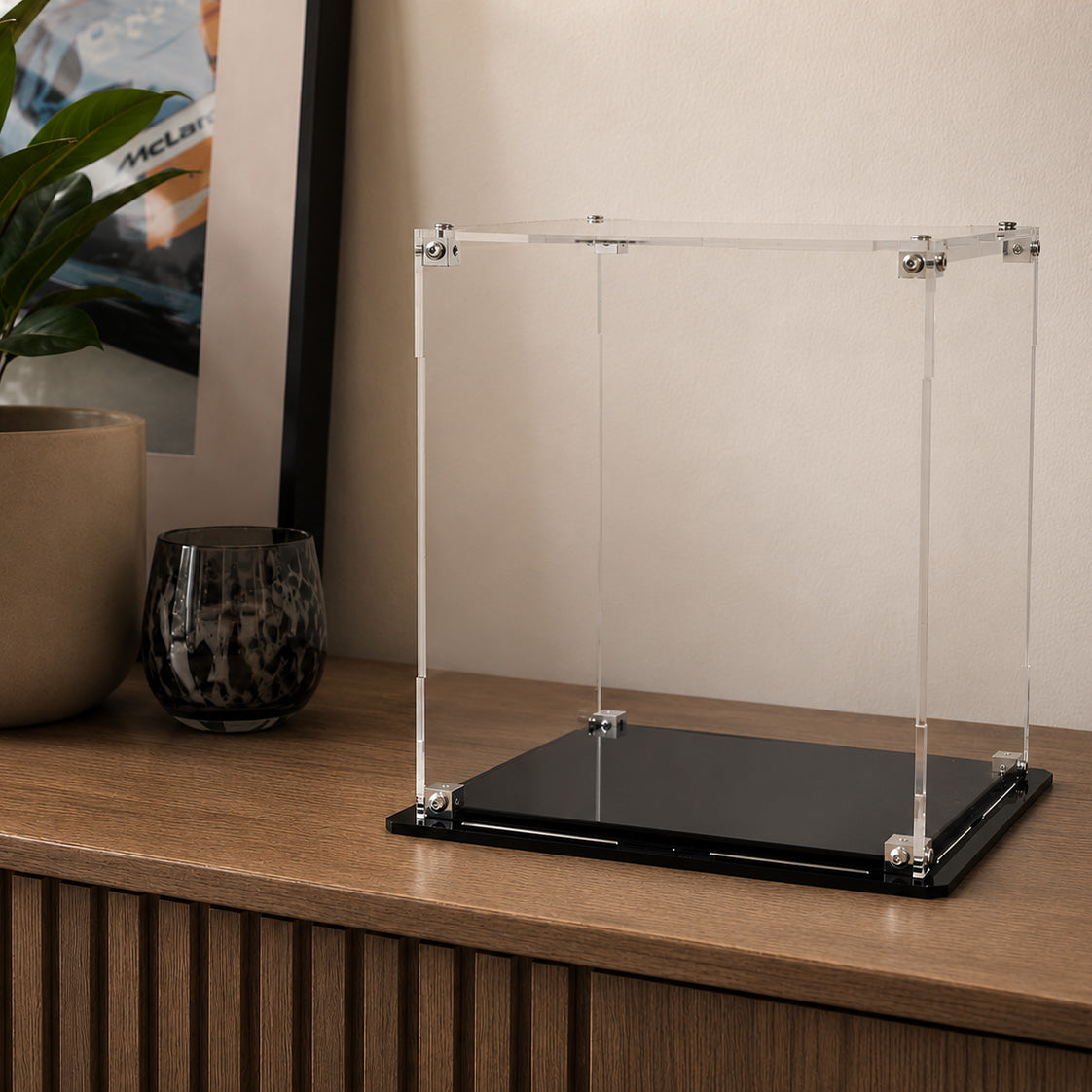 Clear acrylic LEGO F1 helmet display case for collector models