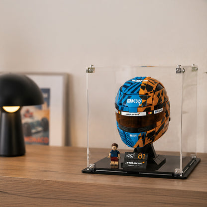 LEGO Formula One helmet displayed inside a clear acrylic case