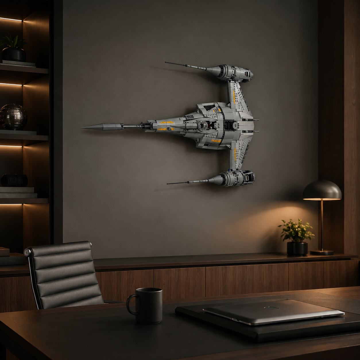 LEGO UCS N-1 Starfighter displayed vertically on wall mount
