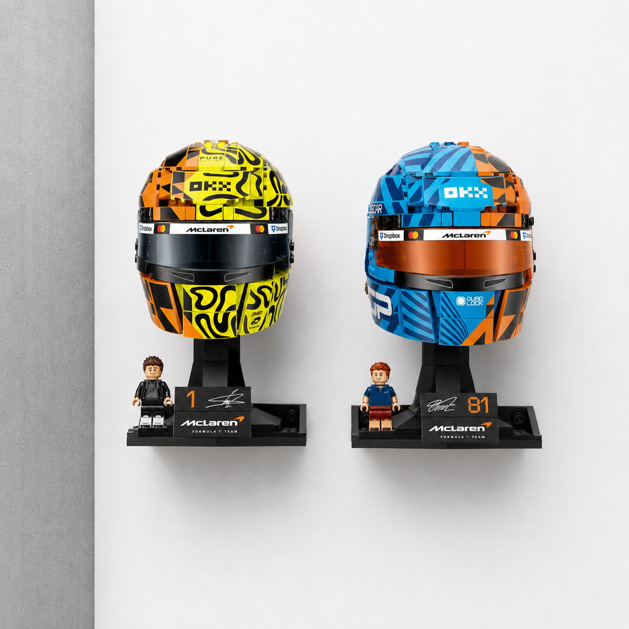 BrickNest wall display mount for LEGO McLaren racing helmet