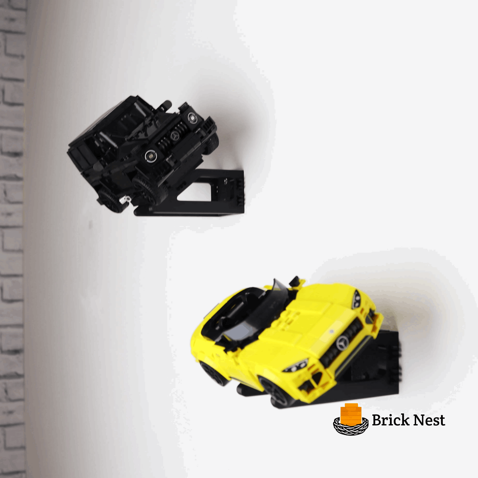 Wall mount display stand holding LEGO® Mercedes-AMG Speed Champion (76924) model, displaying the car at an angled position on the wall for a striking visual presentation.
