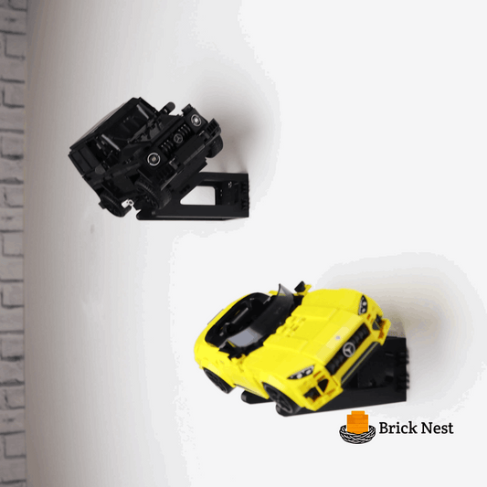 Wall mount display stand holding LEGO® Mercedes-AMG Speed Champion (76924) model, displaying the car at an angled position on the wall for a striking visual presentation.
